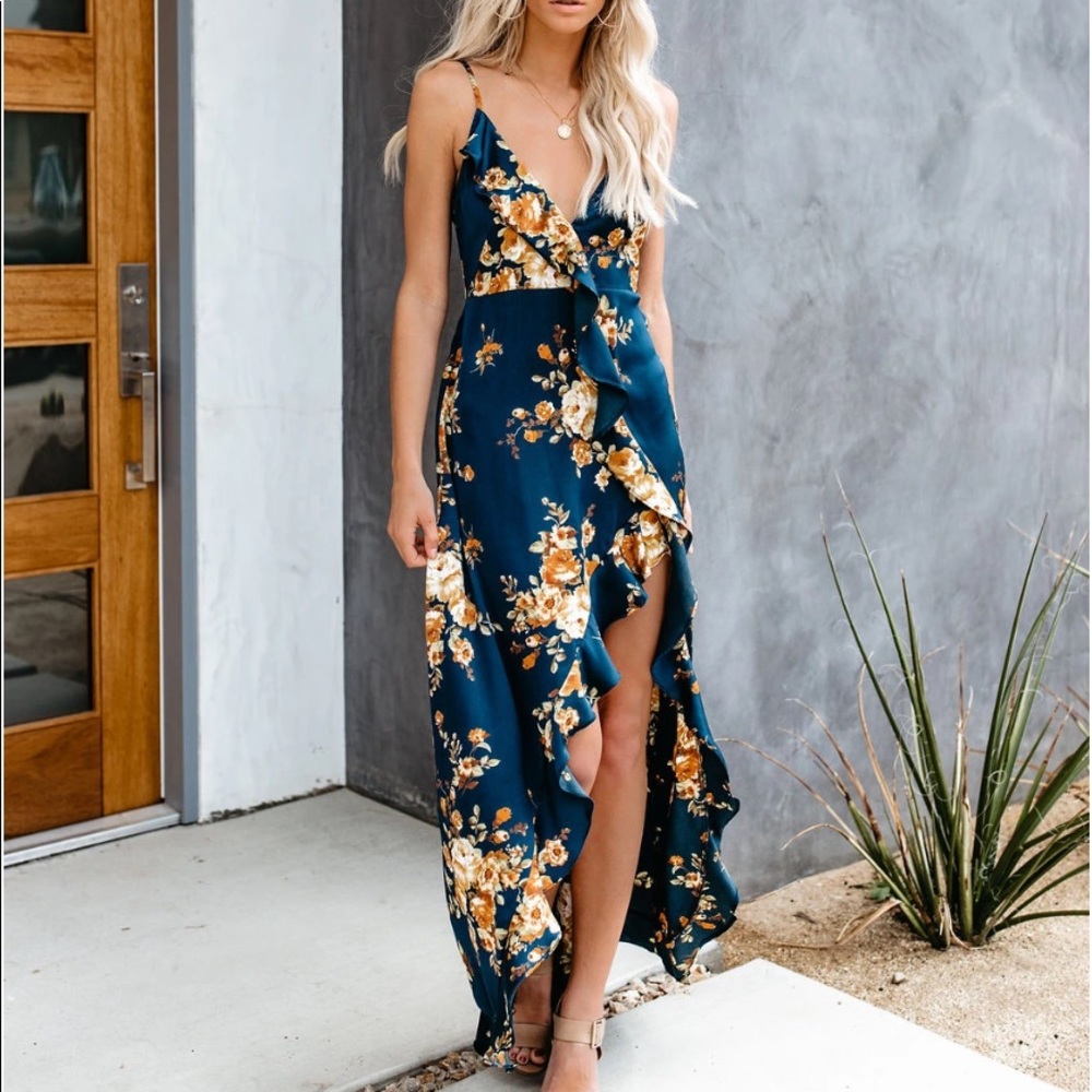 Vici Capriccio Satin Floral Ruffle Maxi Dress